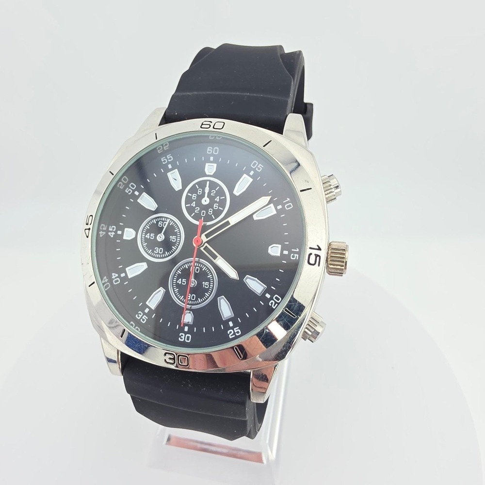 Large Mens Sports Watch 3 Sub Dials Black Silicone Band Stainless Steel 8.75"